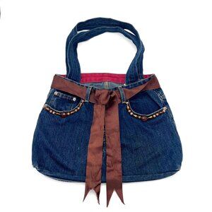 Upcycled Denim Handbag Purse Chic Beaded Pockets & Brown Ribbon FM Jeans Button